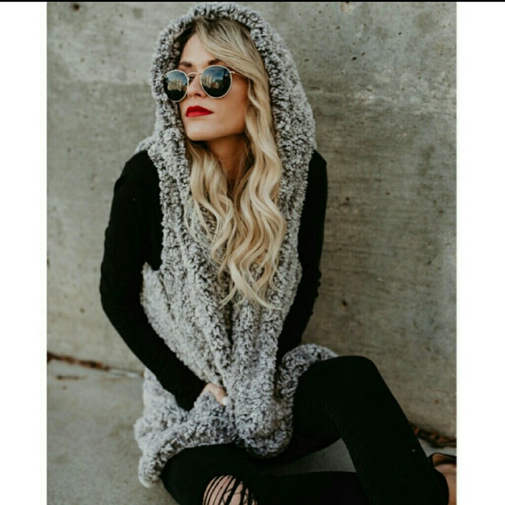 Grey Sherpa Hooded Vest